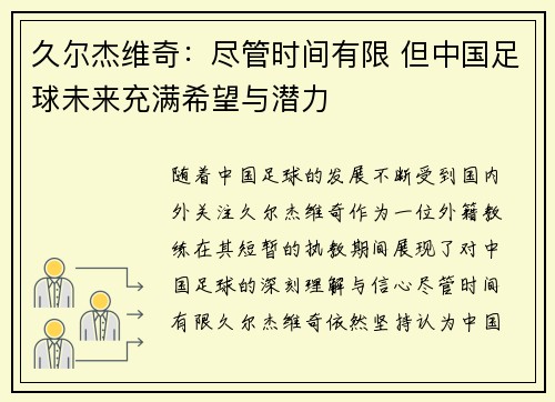 久尔杰维奇：尽管时间有限 但中国足球未来充满希望与潜力