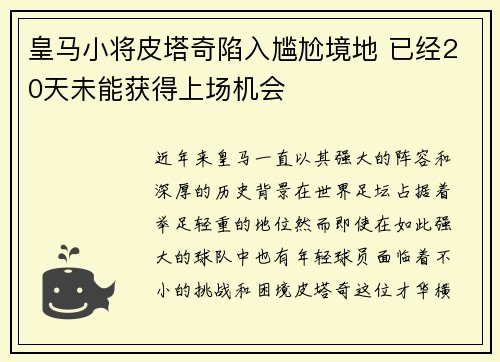 皇马小将皮塔奇陷入尴尬境地 已经20天未能获得上场机会